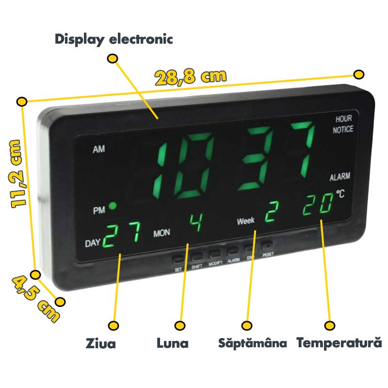 Ceas Digital, Display Led Verde, Alarma