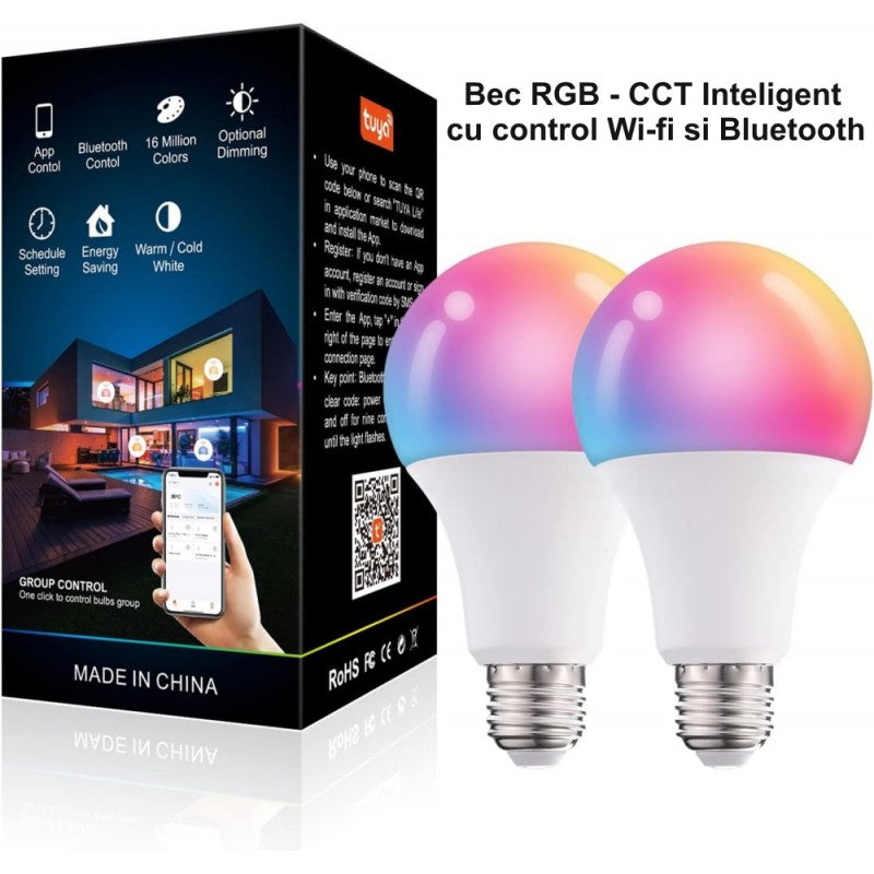 Bec RGBW-CCT Smart E27 cu Bluetooth - Wifi si APP