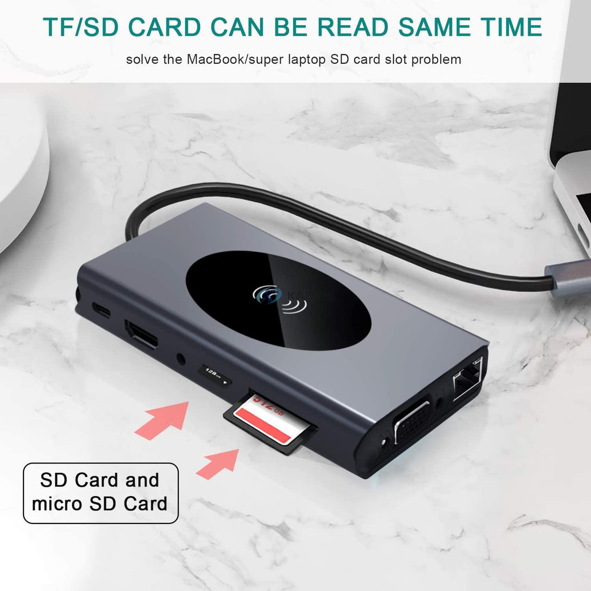 Adaptor Hub Multifunctional 13 in 1 ElectroAZ,Incarcare Wireless 15W,PD Port USB-C, HDMI 4K,VGA 1080P, 5 x USB 3.0, LAN RJ45 Audio Jack3,5mm