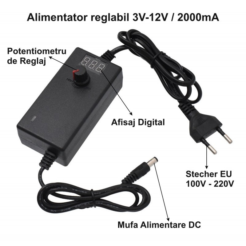 Alimentator Reglabil, Ajustare Tensiune, Mufa DC 2,1mm, 3V-12V DC, 2A