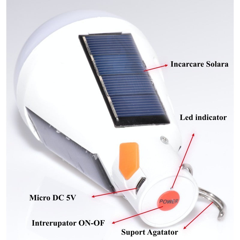 Bec Led 12W cu Incarcare Solara + DC 5V