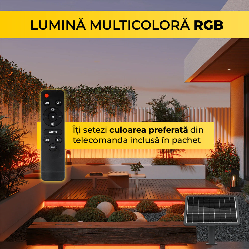 Kit Banda LED Multicolora, RGB, 10 Metri, Panou Solar Monocristalin, 100W, IP65, ClassLights