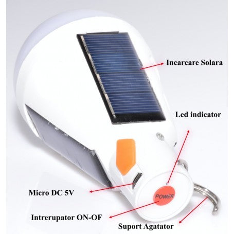 Bec Led 12W cu Incarcare SOLARA + DC 5V
