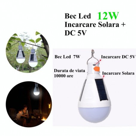 Bec Led 12W cu Incarcare SOLARA + DC 5V