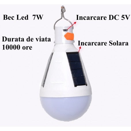 Bec Led 7W cu Incarcare SOLARA + DC 5V