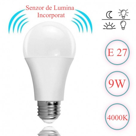 Bec cu LED, E27, Senzor de lumina, 9W