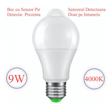 Bec cu LED, E27, Senzor de miscare, 9W