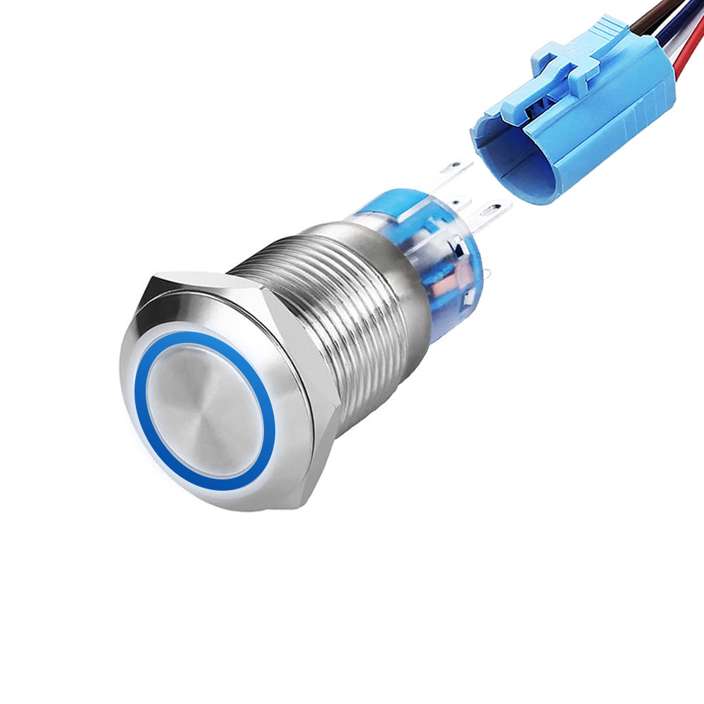 Buton Push Metalic, 220V, 19mm, cu Revenire Led Albastru, ElectroAZ