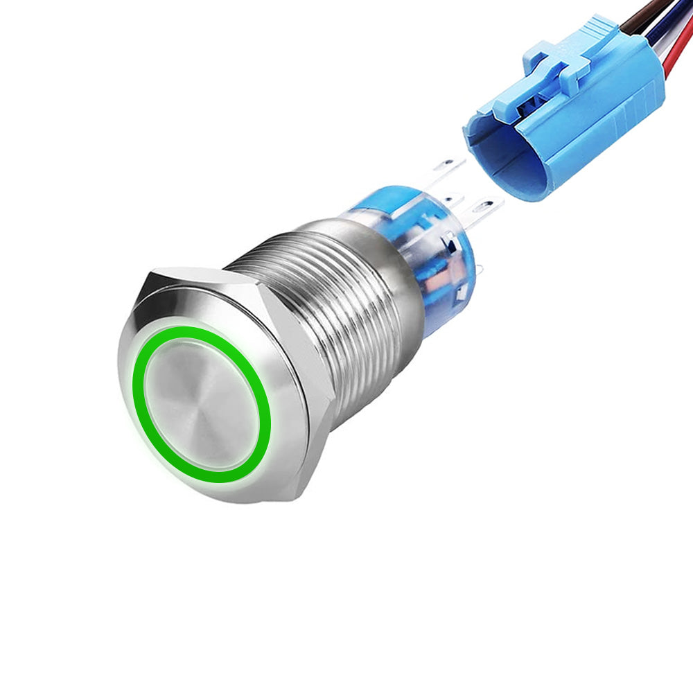 Buton Push Metalic, 220V, 19mm, cu Revenire Led Verde, ElectroAZ