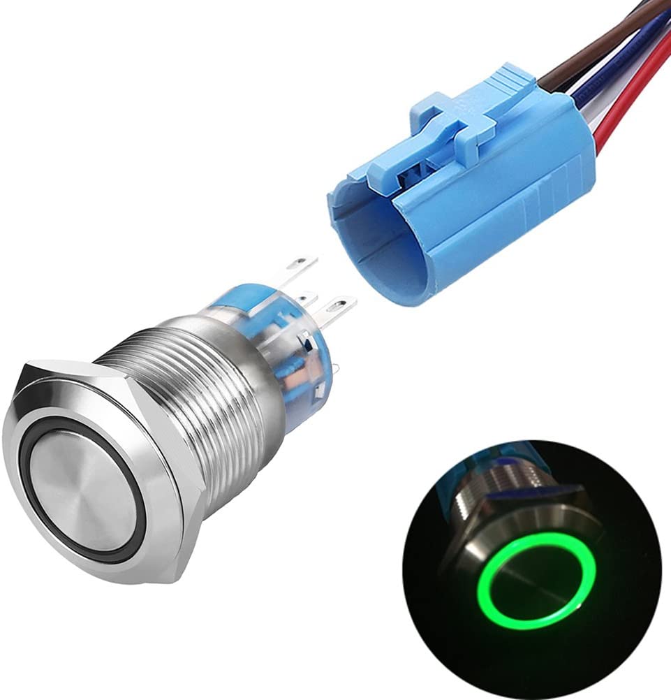 Buton Push Metalic, 220V, 19mm, cu Revenire Led Verde, ElectroAZ