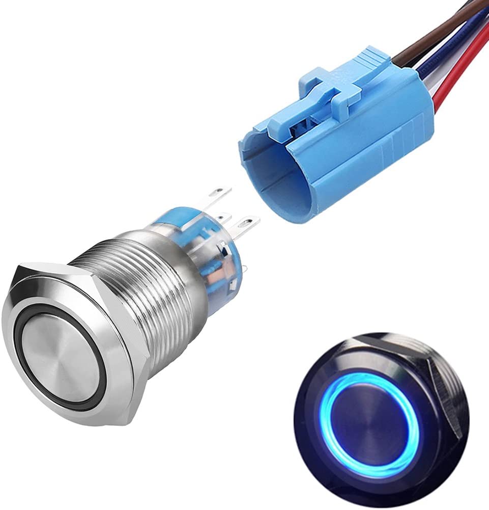 Buton Push Metalic, 220V, 19mm, cu Revenire Led Albastru, ElectroAZ