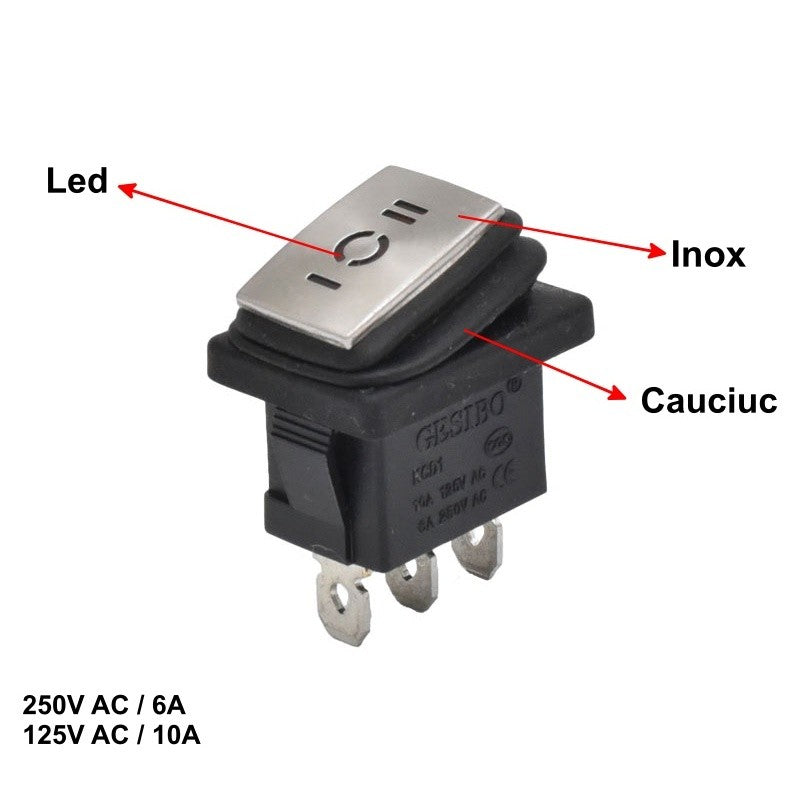 Buton cu Inox, Dreptunghiular, 6A, LED, 3 Pozitii, 23x17x30mm