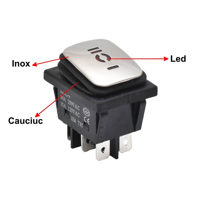 Buton cu Inox, Dreptunghiular, Lat, 30A, LED, 3 Pozitii, 34x28x39mm