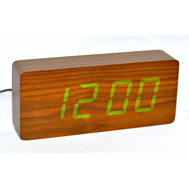 Ceas Digital Mare, Lemn Maro, LED Verde