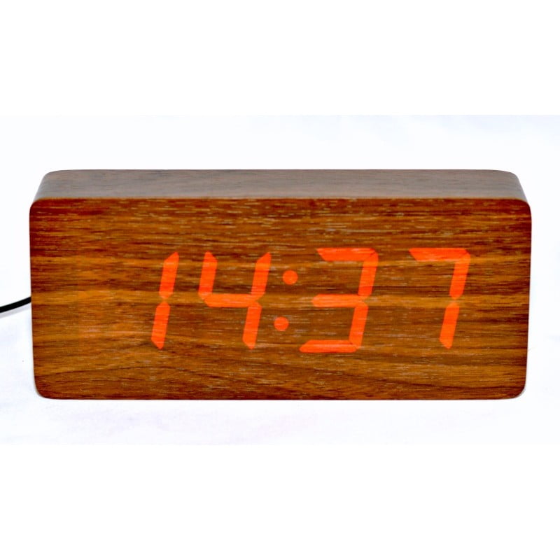 Ceas Digital Mare, Lemn Maro, LED Rosu