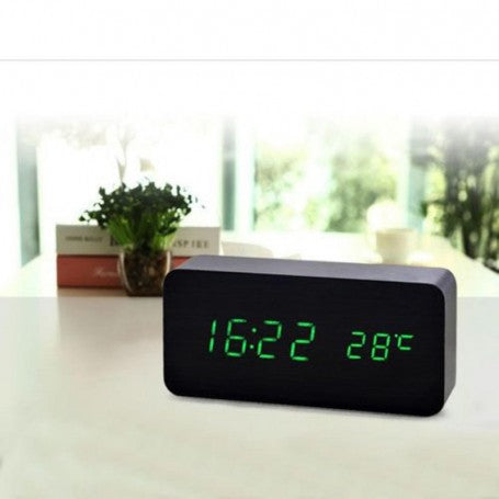 Ceas Digital din Lemn Negru, Led Verde