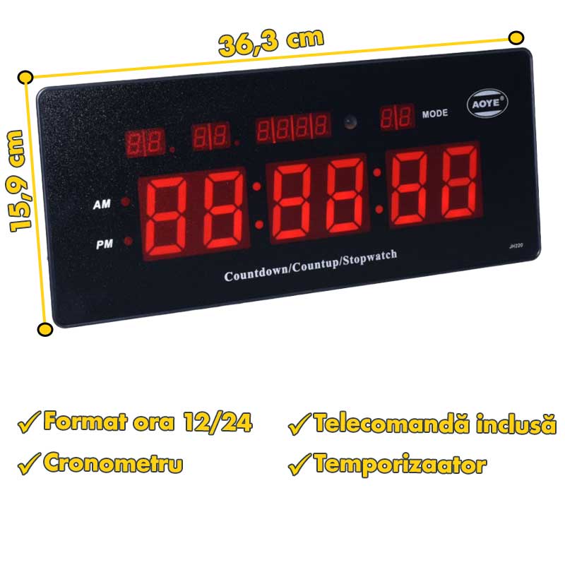 Ceas de Perete cu Cronometru, Led Rosu