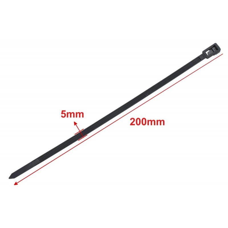 Colier de Plastic Reutilizabil 5x200mm Negru - 100Buc/Set