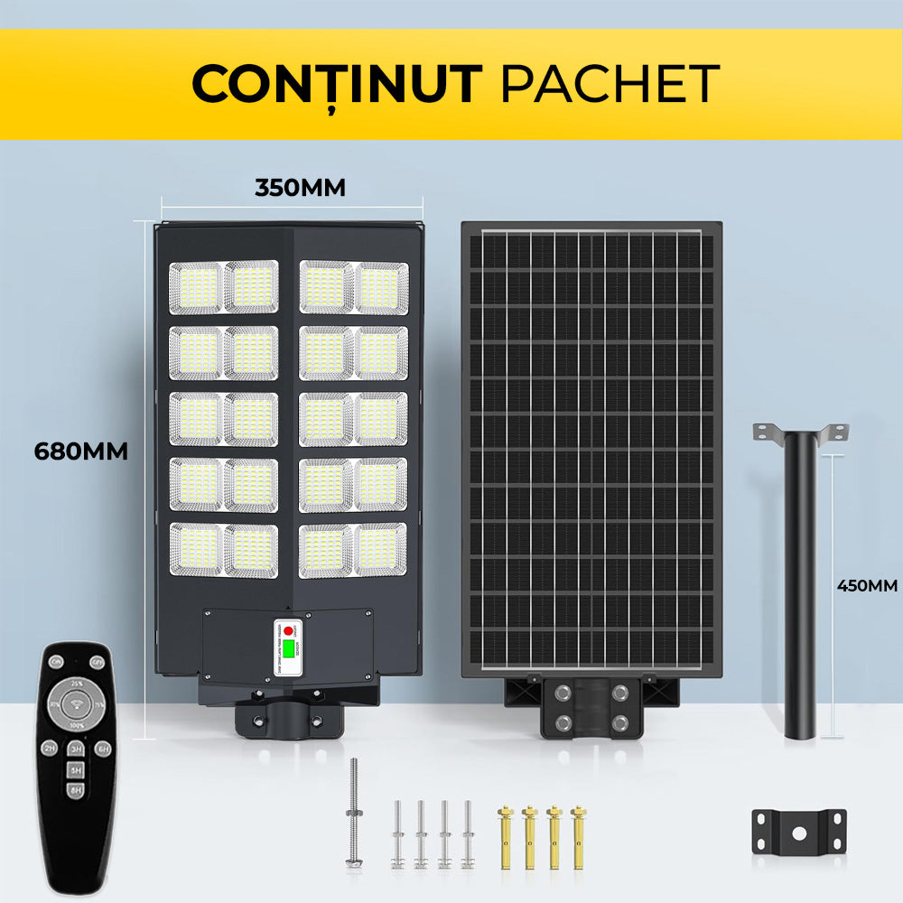 Lampa Solară 1000W cu Panou Solar Monocristalin, 800 LED-uri, Bară + Telecomandă, ClassLights