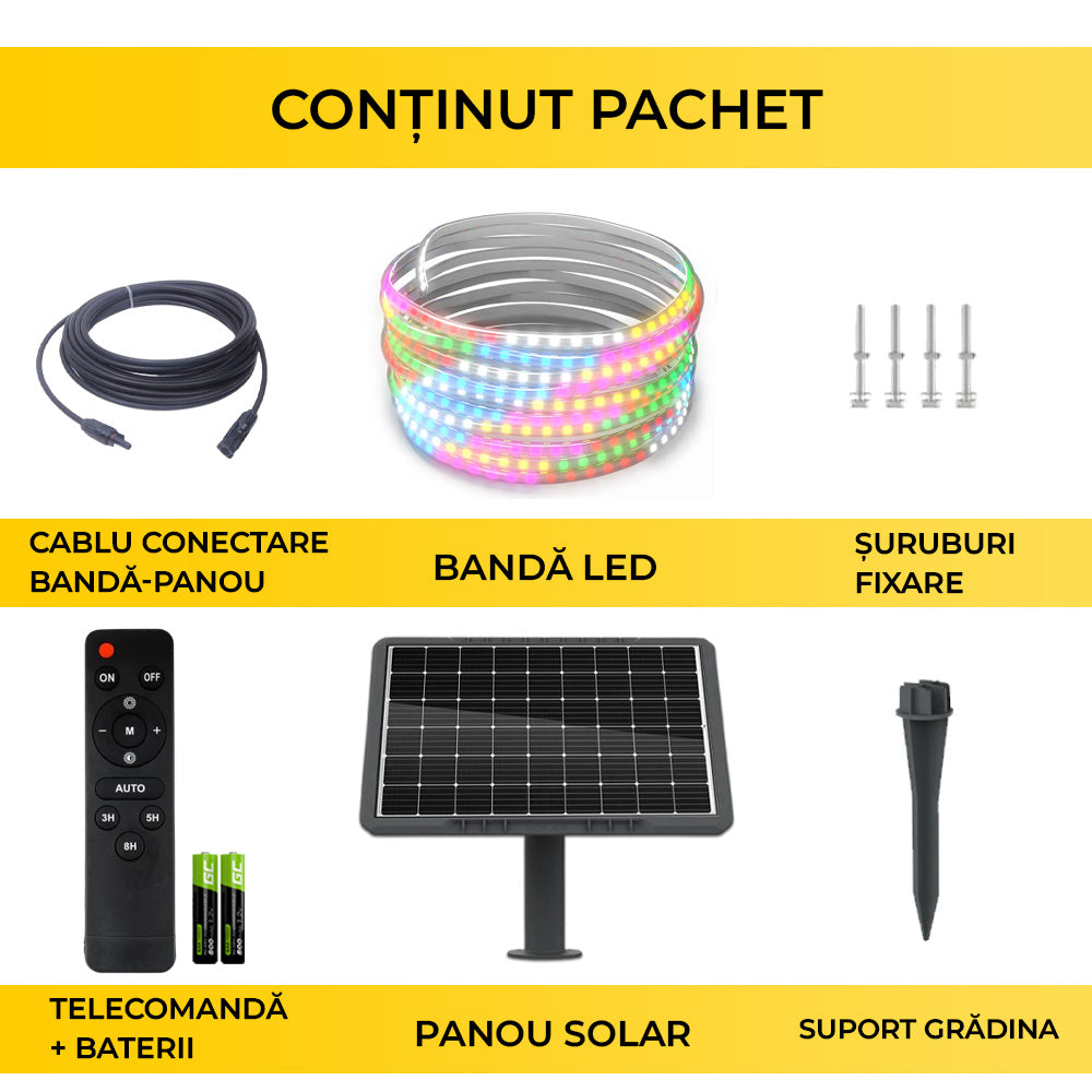 Kit Banda LED Multicolora, RGB, 10 Metri, Panou Solar Monocristalin, 100W, IP65, ClassLights