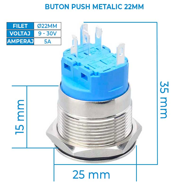 Buton Push 22mm cu Retinere, 12-24V, Led Albastru, ElectroAZ
