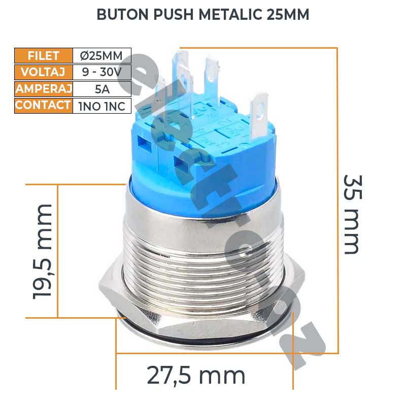 Buton Push 25mm cu Revenire 12-24V Led Albastru