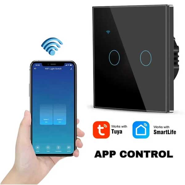 Intrerupator smart dublu touch Negru, WiFi, Sticla securizata, Classlights, 10A, Control vocal, Smart Life / Tuya, LED