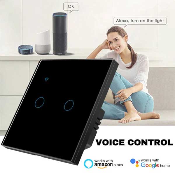 Intrerupator smart dublu touch Negru, WiFi, Sticla securizata, Classlights, 10A, Control vocal, Smart Life / Tuya, LED