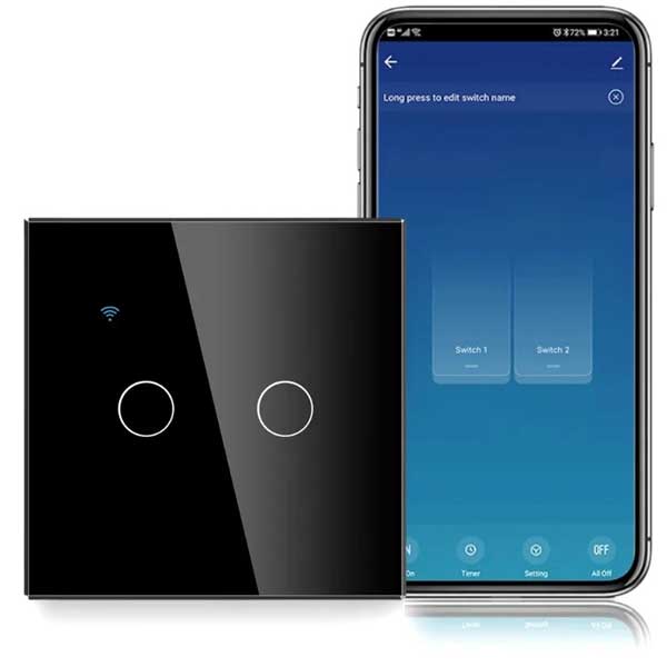 Intrerupator smart dublu touch Negru, WiFi, Sticla securizata, Classlights, 10A, Control vocal, Smart Life / Tuya, LED