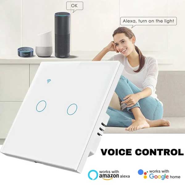 Intrerupator Smart Dublu Touch Alb, WiFi, Sticla securizata, Classlights, 10A, Control vocal, Smart Life / Tuya, LED