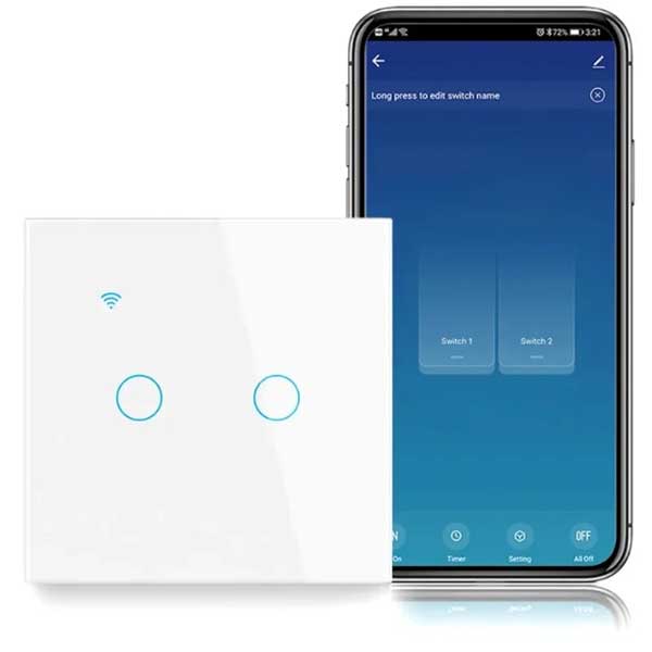 Intrerupator Smart Dublu Touch Alb, WiFi, Sticla securizata, Classlights, 10A, Control vocal, Smart Life / Tuya, LED