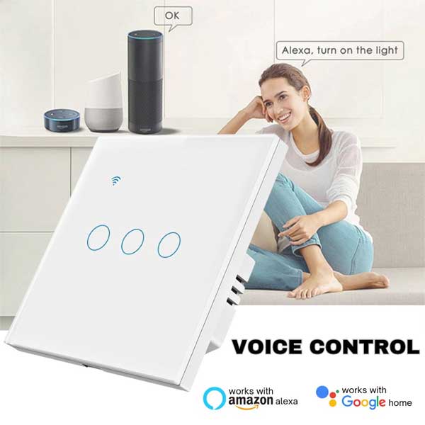 Intrerupator smart triplu touch, Alb, WiFi, Sticla securizata, Classlights, 10A, Control vocal, Smart Life / Tuya, LED