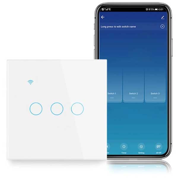 Intrerupator smart triplu touch, Alb, WiFi, Sticla securizata, Classlights, 10A, Control vocal, Smart Life / Tuya, LED