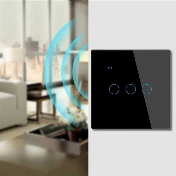 Intrerupator smart triplu touch, Negru, WiFi, Sticla securizata, Classlights, 10A, Control vocal, Smart Life / Tuya, LED