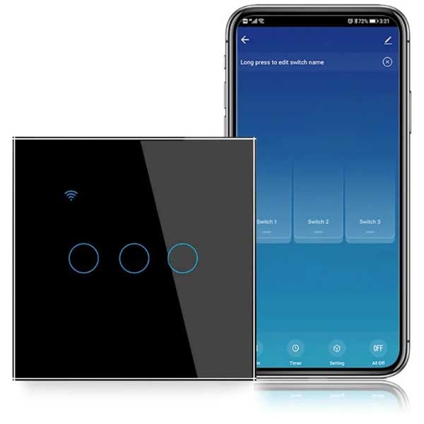 Intrerupator smart triplu touch, Negru, WiFi, Sticla securizata, Classlights, 10A, Control vocal, Smart Life / Tuya, LED