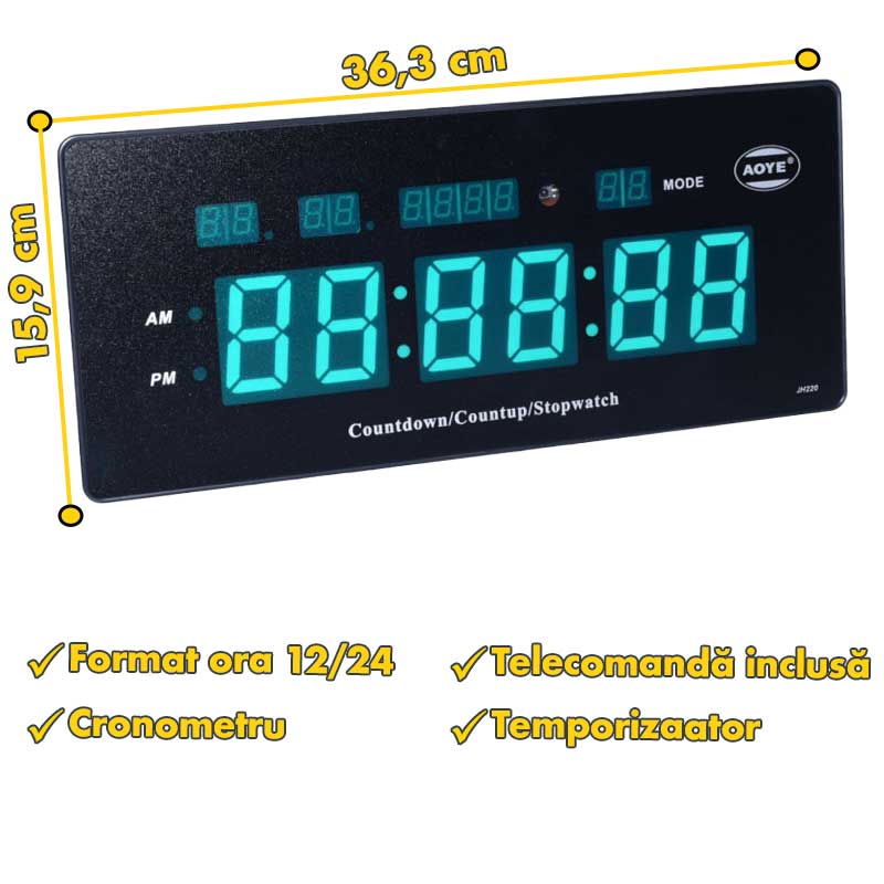 Ceas de Perete cu Cronometru, Led Verde