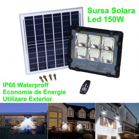 Kit Iluminare cu Panou Solar + Proiector Led 150W + Telecomanda, Pachet Complet