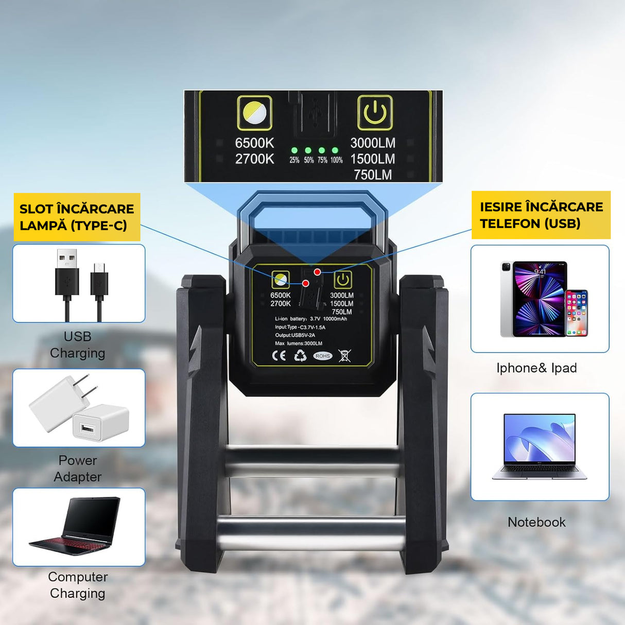 Lampă de Lucru cu Înălțime Reglabilă, Acumulator 10.000mAh, Funcție Baterie Externă, Classlights