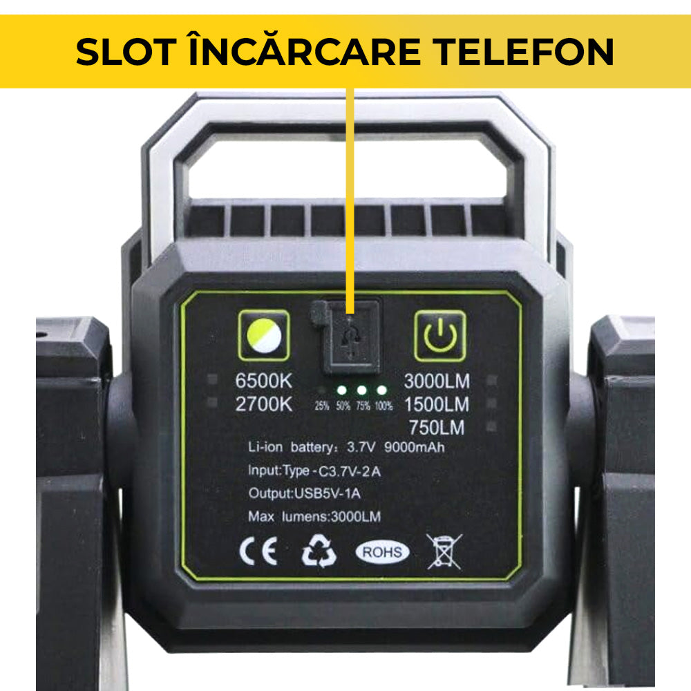 Lampă de Lucru cu Înălțime Reglabilă, Acumulator 10.000mAh, Funcție Baterie Externă, Classlights