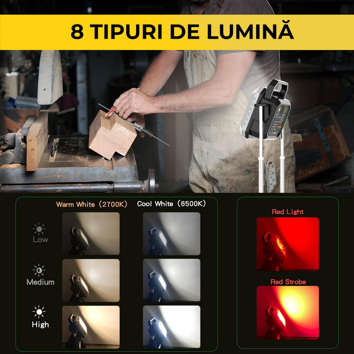 Lampă de Lucru cu Înălțime Reglabilă, Acumulator 10.000mAh, Funcție Baterie Externă, Classlights