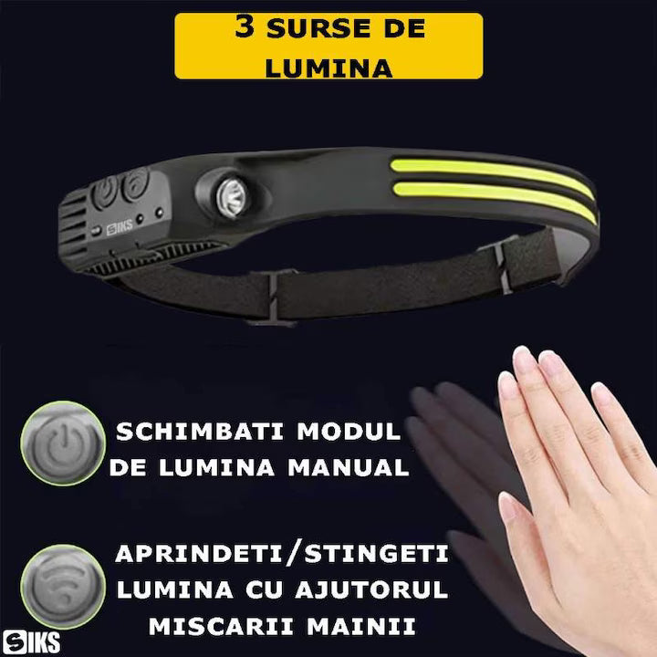 Lanterna de Cap LED COB XPE, 6 Moduri Iluminare, Senzor de Miscare, Acumulator 1200mAh, Unghi Larg 230°, Rezistentă la Apă IPX4