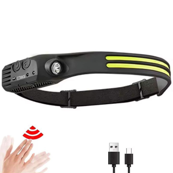 Lanterna de Cap LED COB XPE, 6 Moduri Iluminare, Senzor de Miscare, Acumulator 1200mAh, Unghi Larg 230°, Rezistentă la Apă IPX4