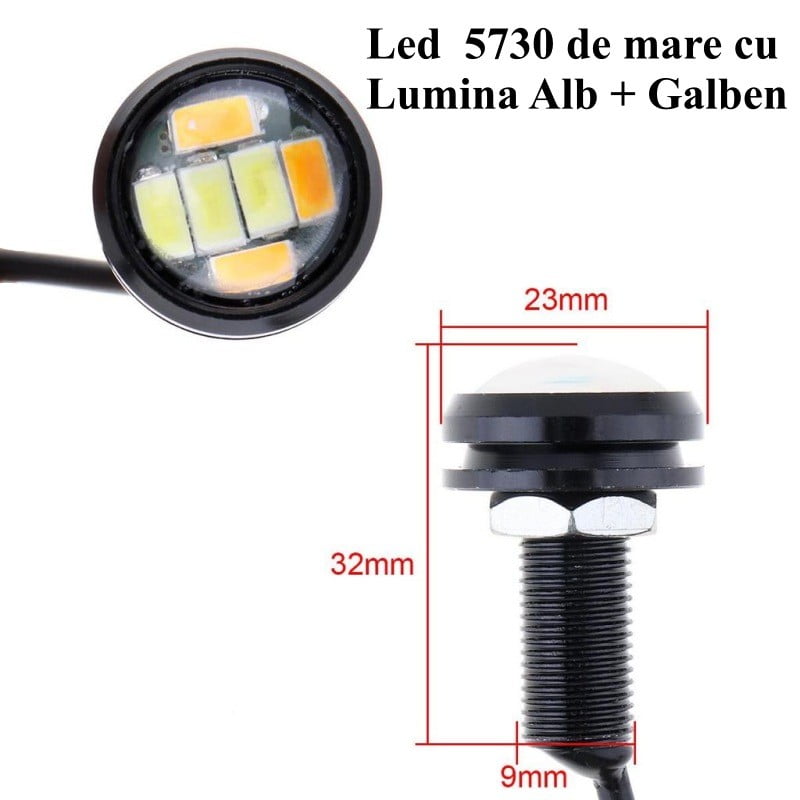 Led Auto Alb + Galben 23mm / 12V , 5730 , 2 Buc/Set