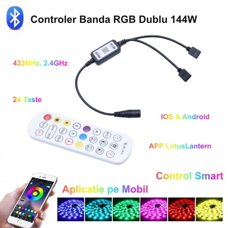 Mini-controler LED RGB 24 Taste, 2 Ieșiri și Magic Smart,144W