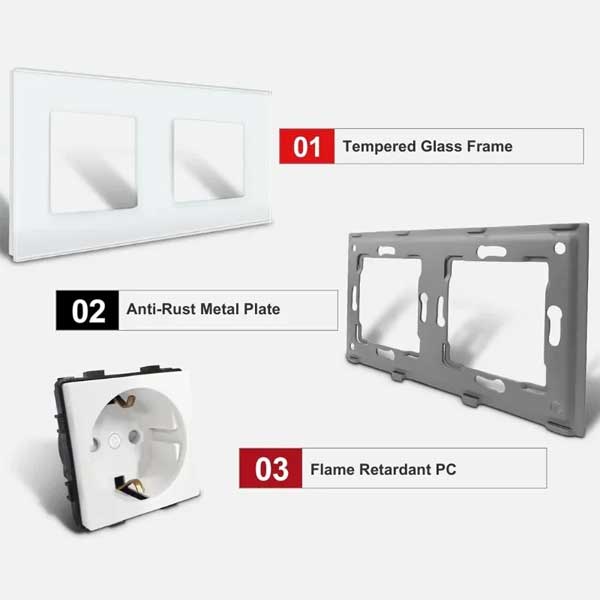 Priza dubla cu rama din sticla securizata Classlights, 16A, Alb