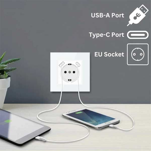 Priza cu rama de sticla securizata, porturi USB-A si USB-C, Classlights, 16A, Alb