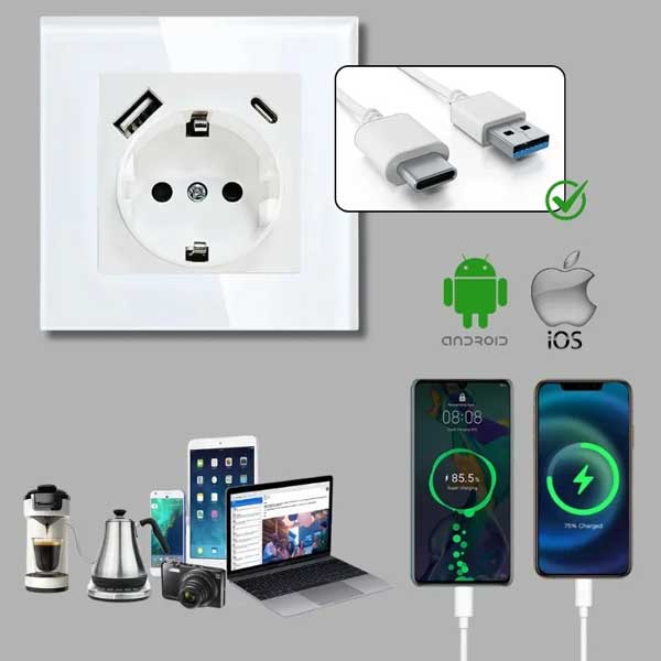 Priza cu rama de sticla securizata, porturi USB-A si USB-C, Classlights, 16A, Alb