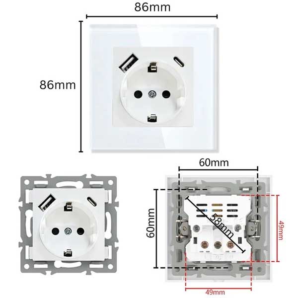 Priza cu rama de sticla securizata, porturi USB-A si USB-C, Classlights, 16A, Alb