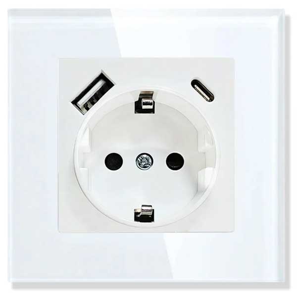 Priza cu rama de sticla securizata, porturi USB-A si USB-C, Classlights, 16A, Alb
