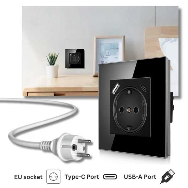 Priza cu rama de sticla securizata, porturi USB-A si USB-C, Classlights, 16A, Negru